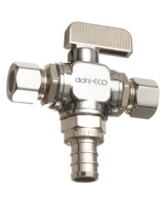 1/2" Pex Crimp x 3/8" x 3/8" OD Compression Dual Angle Stop Valve, Lead Free (Chrome Plated Brass)