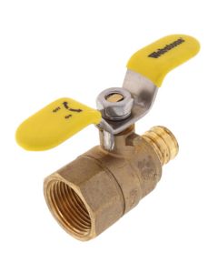 3/4" PEX Crimp x FNPT Brass Ball Valve w/ Stainless Steel Wing Style "T" Handle & Adjustable Packing Gland