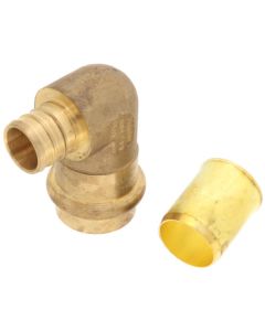 3/4" PEX Crimp x Copper Press Brass Transition Elbow w/ Copper Tube Stiffener, For Use with Baseboard (Lead Free)